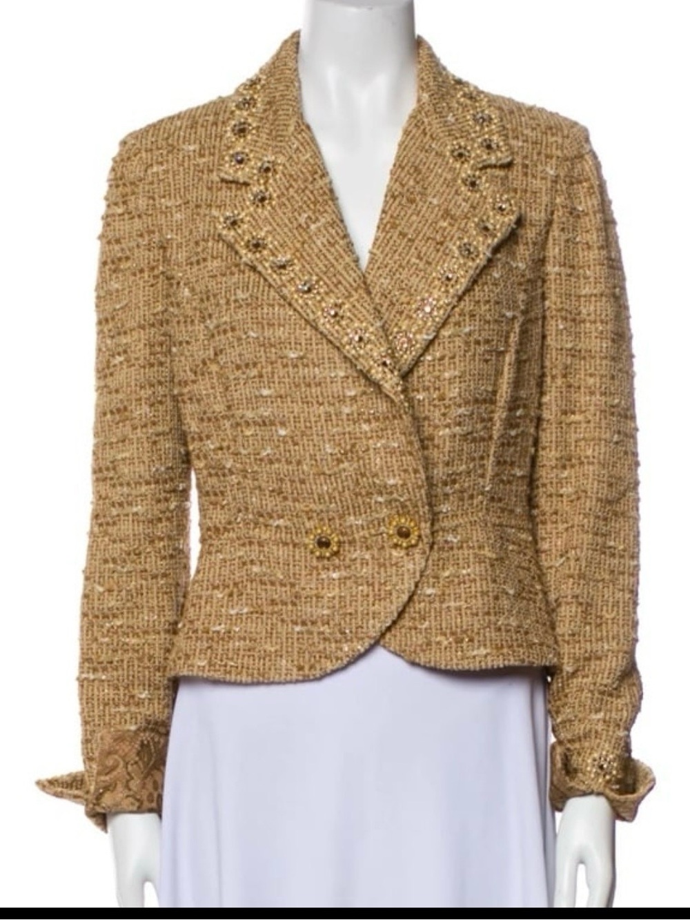 St. John Couture Gold Tweed Blazer Jacket Size 10 Crystal Collar Lace Cuffs